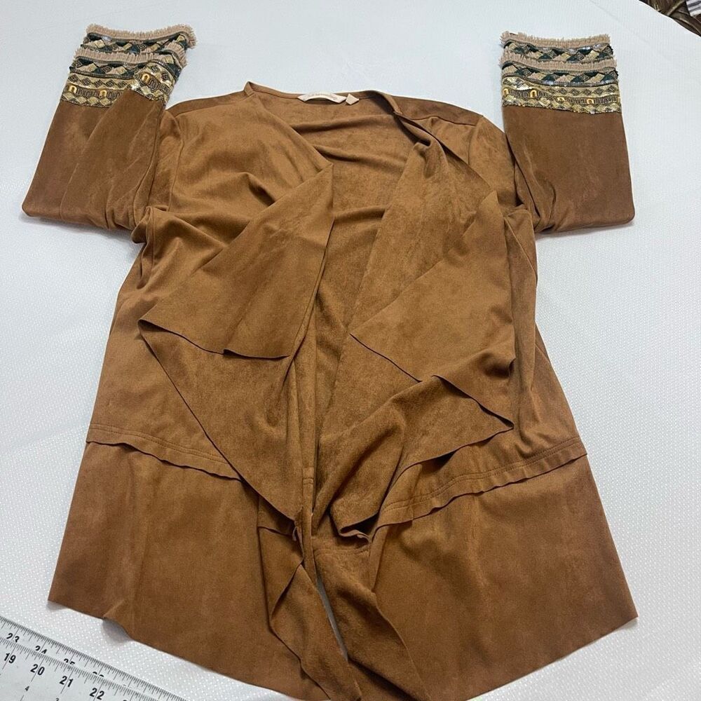 Soft Surroundings Faux Suede Embroidered Cuff Open Draped Cardigan Jacket Sz L - Picture 4 of 12